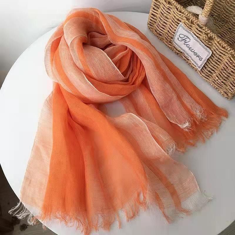 ストール 夏 麻100% 大判 薄手上質天然リネン 亜麻 縞模様 ショール オレンジ色 UVカット スカーフ 冷房対策 プレゼント