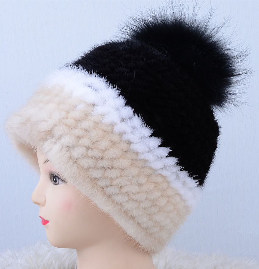 ◆新品限定 ミンク編みこみ帽子 3色/フォックスポンポン付き/毛皮 リアルファー