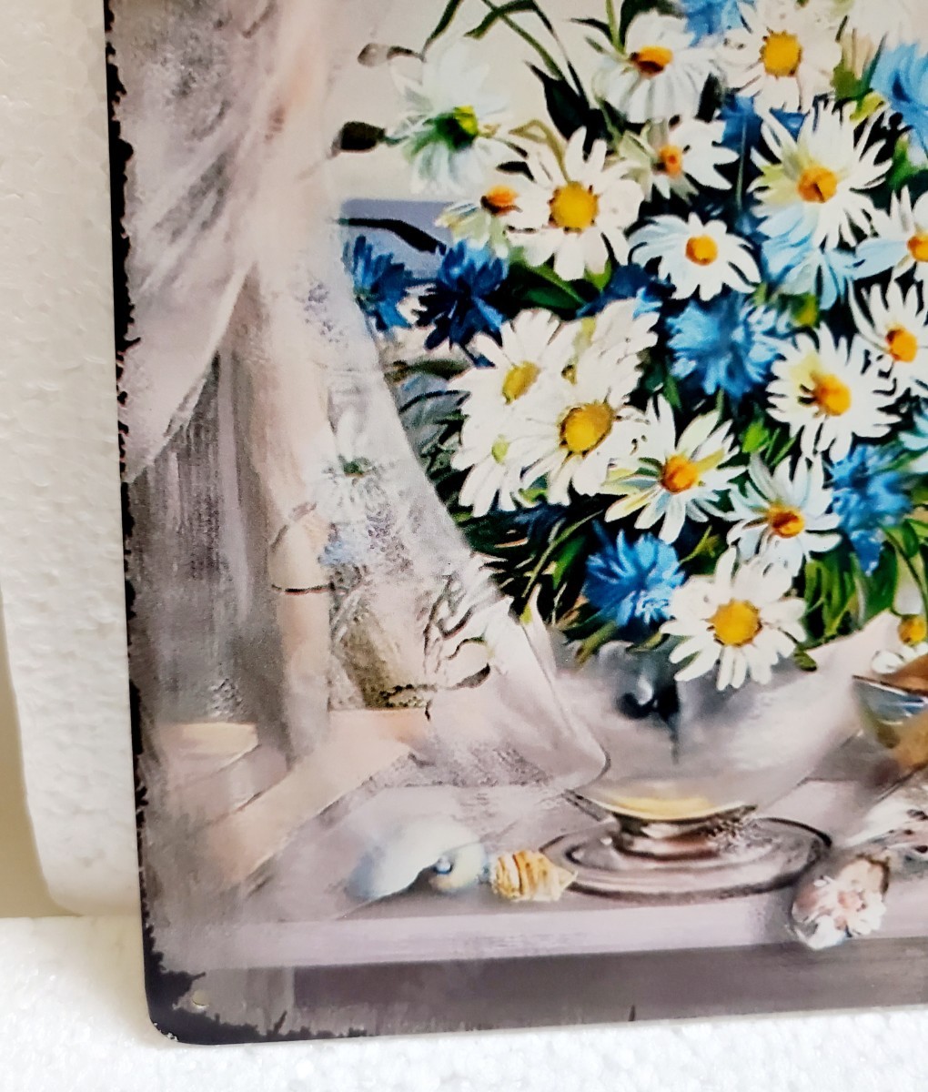 ブリキ看板　HANAKO　レトロ　猫の看板　J24　窓辺の猫　茶白　マーガレット　猫と花　ウェルカムボード　花の看板 ガーデンオブジェ_画像7