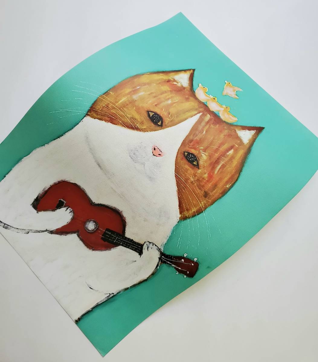 北欧調 猫のポスター キャンパスアート A4サイズ フレーム付き ハチワレ猫  A7 ウクレレ 猫の雑貨 HANAKOの画像5