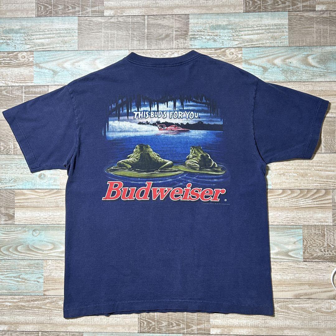 90s USA製 Budweiser バドワイザー Tシャツ カエル 蛙 ボート スイッチ ネイビー XL