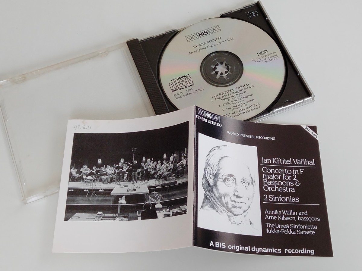 Jan Krtitel Vanhal/ Double Bassoon Concerto, Sinfonias in F and A / UMEA SINFONIETTA/ Jukka-Pekka Saraste BIS AUSTRIA CD288 85年盤_画像3