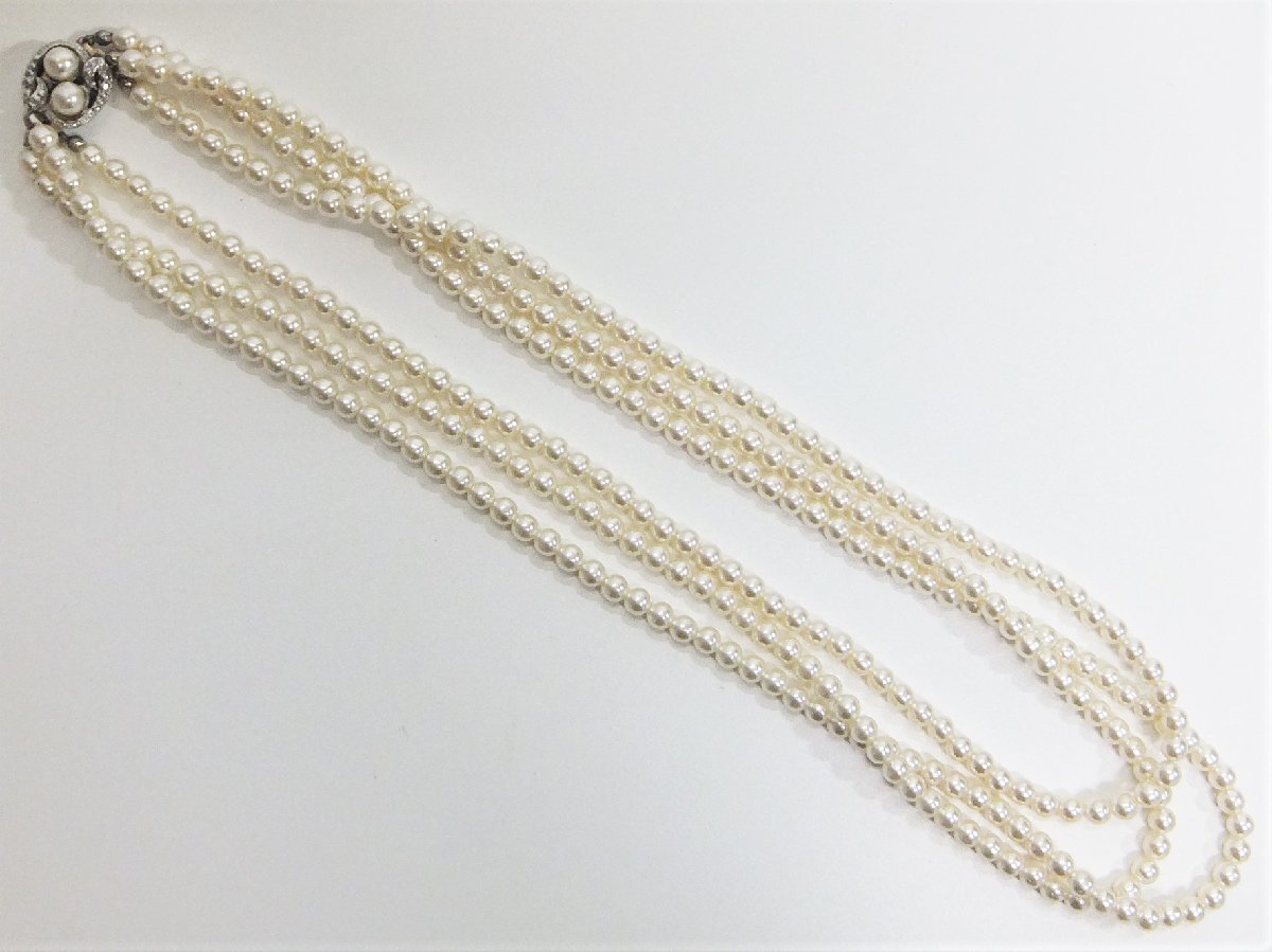 真珠調 フェイクパール 3連ロングネックレス 約5.7～6.0ｍｍ玉 Fake Pearl Necklace アクセサリー ○P_画像4