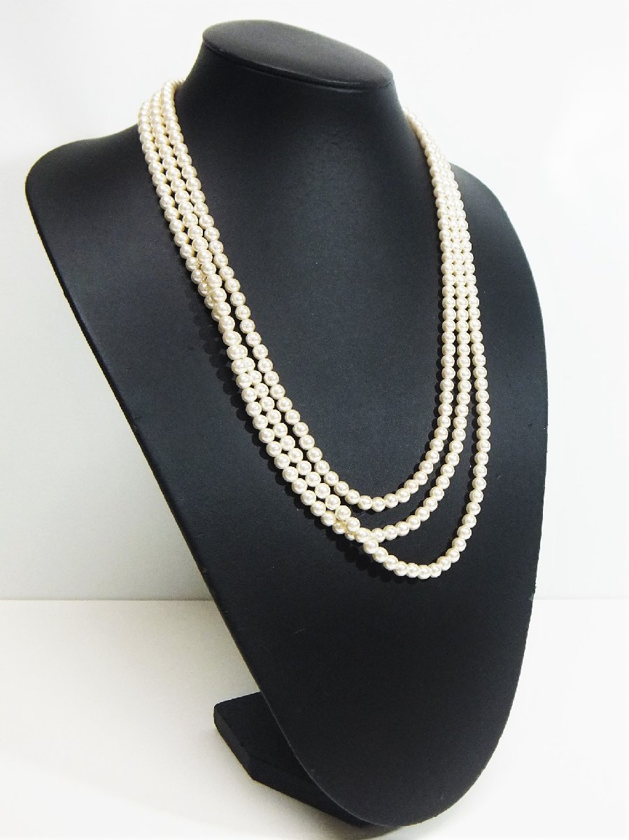 真珠調 フェイクパール 3連ロングネックレス 約5.7～6.0ｍｍ玉 Fake Pearl Necklace アクセサリー ○P_画像2