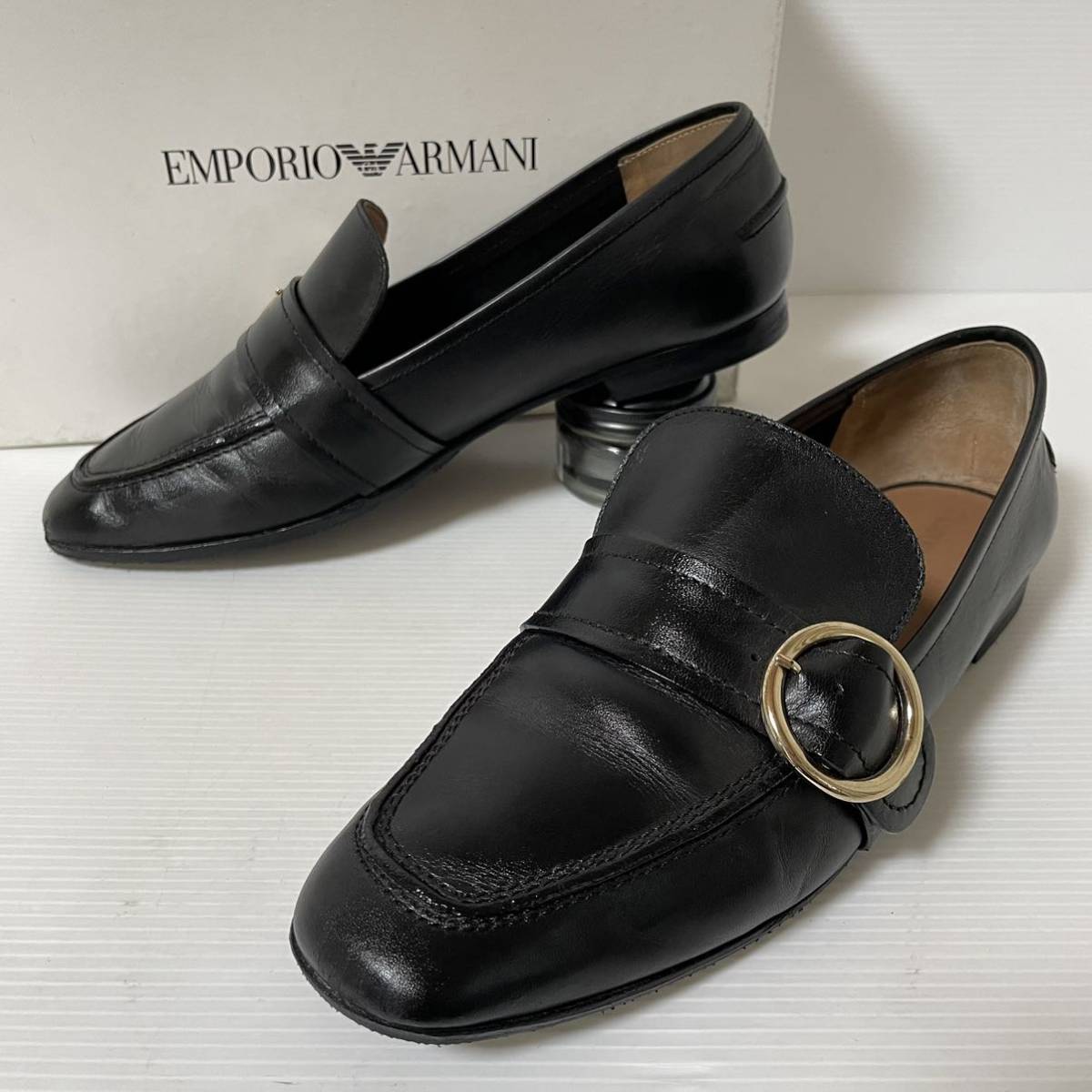 【美品】EMPORIO ARMANI エンポリオアルマーニ　ヒール新品　靴底補強済み　ストラップローファー　40 25.5cm ブラック　＊CD_画像1