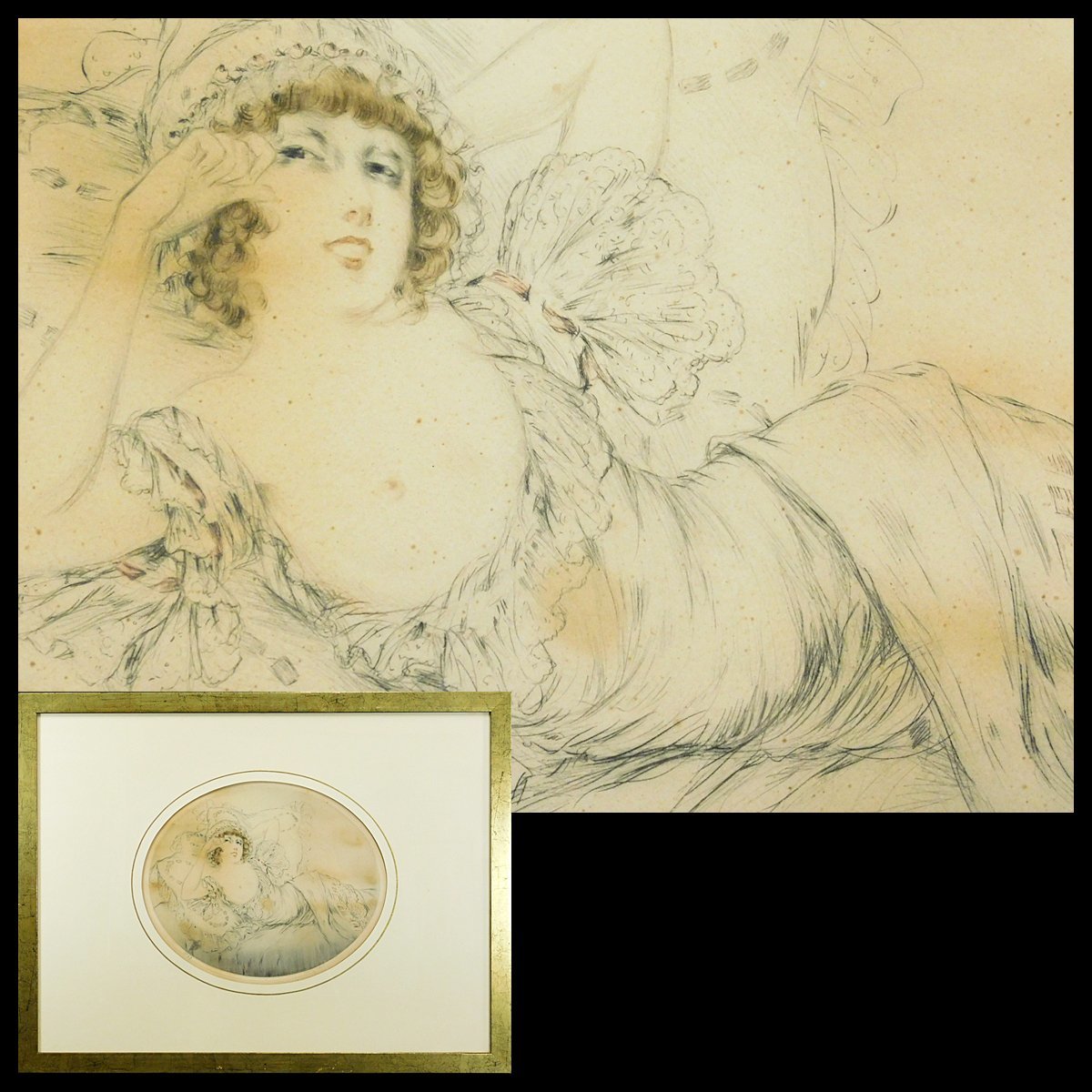 ルイ・イカール Louis Icart 横たわる婦人 美人 裸婦 カラーエッチング(銅版画)額装 長期保管品AC23091702_画像1