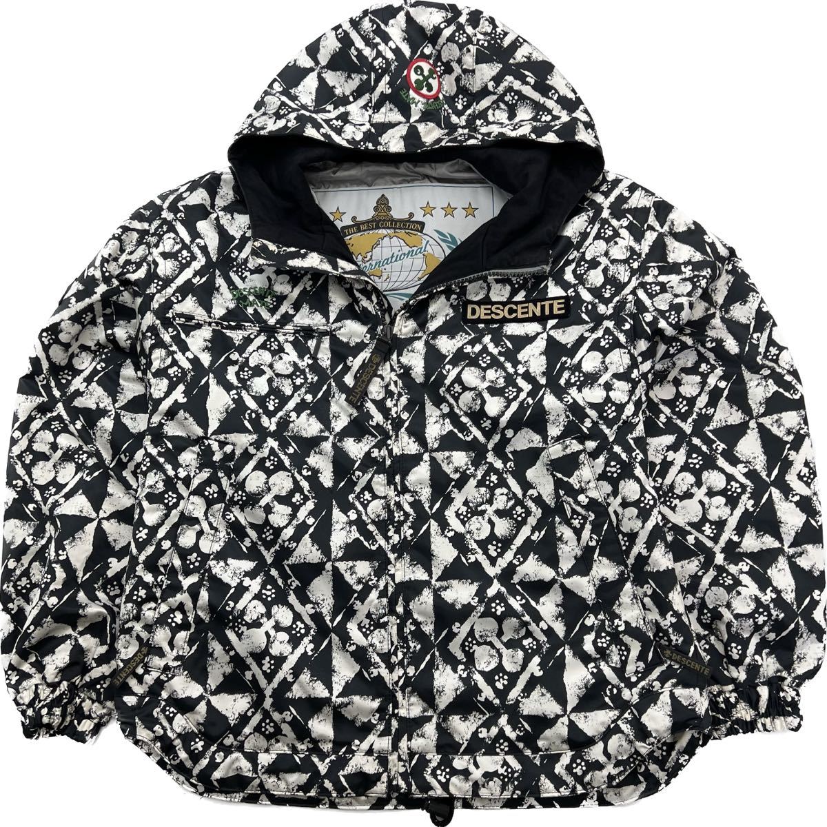 DESCENTE ★ デザイン 総柄◎ スキージャケット ナイロンジャケット パーカー ホワイト ブラック M スノーボード 人気 デサント■N202_画像3