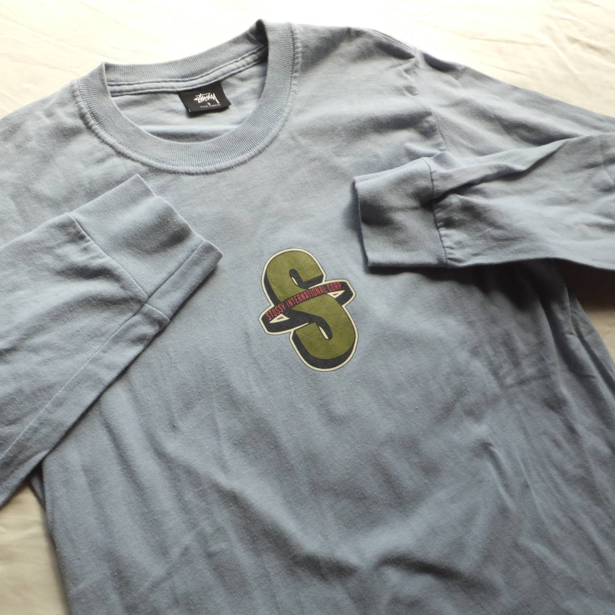 STUSSY　ステューシー　S ビッグロゴ（バックプリント）　長袖 Tシャツ　Sサイズ　ロンTee　水色　USED古着_画像9