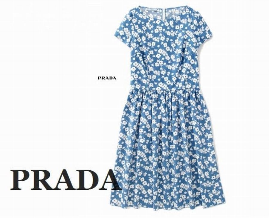 即決 超美品 PRADA 上品可憐花柄プリントワンピース ふんわりシルエット ブルー青 ホワイト白 プラダ 素敵 高級ブランドワンピーススカート_画像1