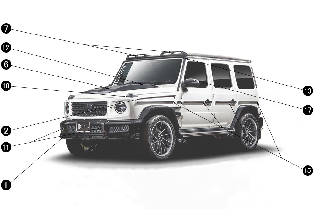 ローウェン メルセデス ベンツ Gクラス W463A G63 AMG フロントルーフスポイラー LEDライト エアロパーツ ドライカーボン製_画像2