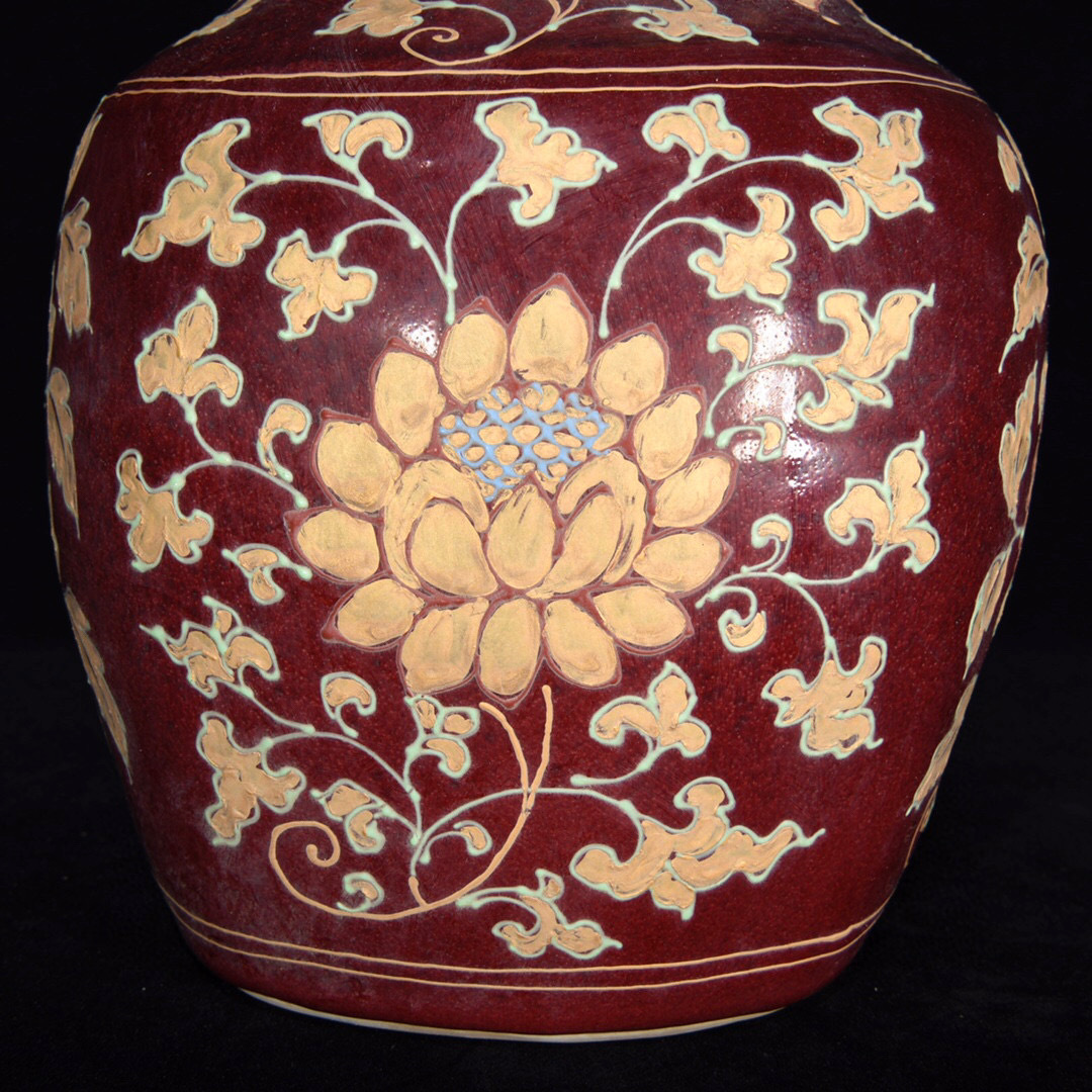 館蔵珍品 明 宣德年製款 古陶瓷品 紅釉 瀝粉 花卉紋 ひょうたん瓶