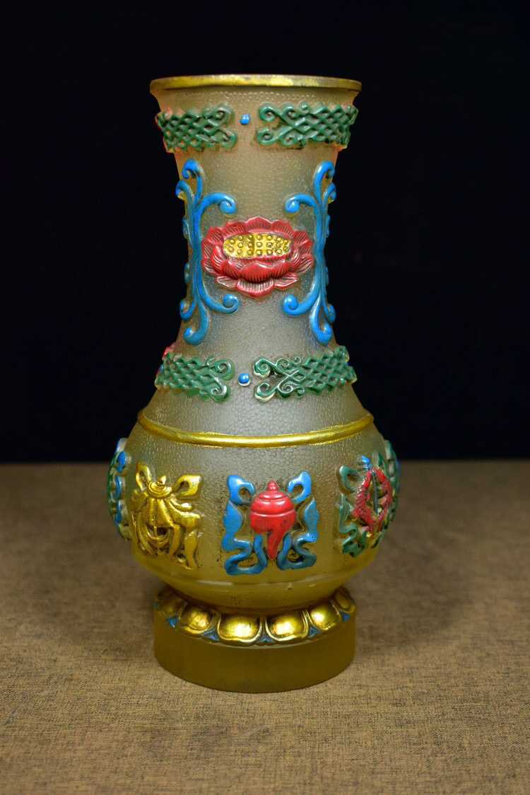 輝い 『館蔵珍品 琉璃製 細密彫 描金 彩繪 八寶紋 花瓶』置物 賞物 貴重物品 収蔵品 中国古美術 その他