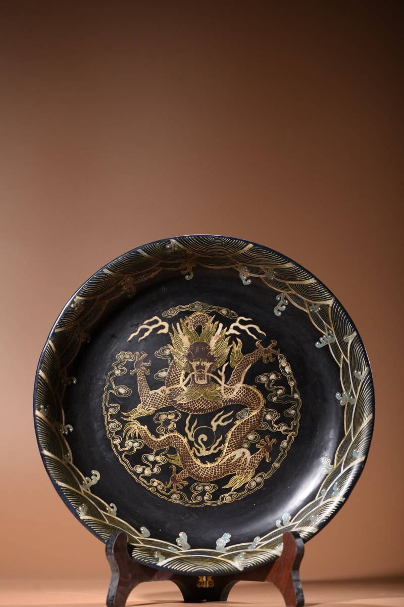 館蔵珍品 木胎漆器彫 描金 龍紋 賞盤』置物 賞物 貴重物品 収蔵品 中国