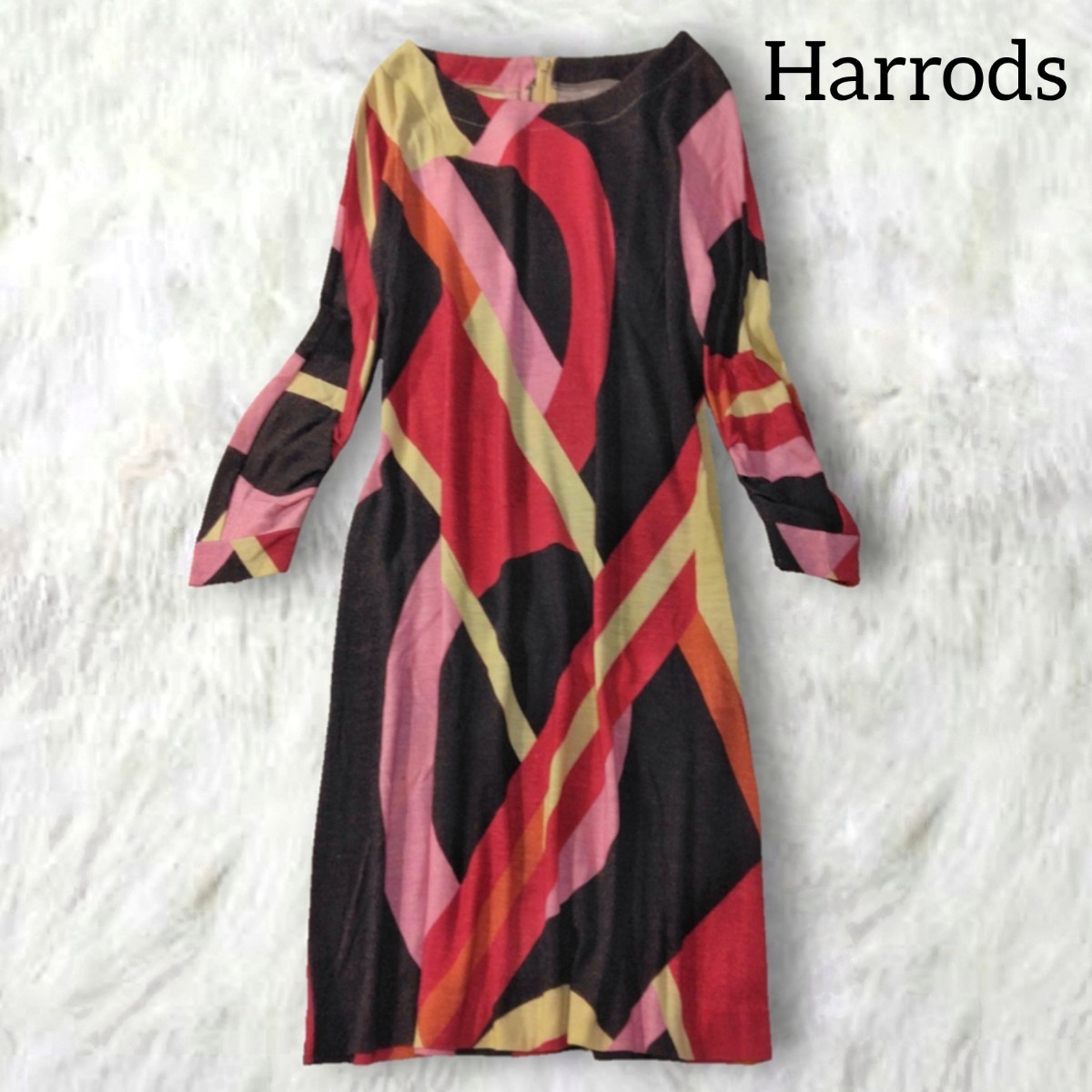 337 【Harrods】 ハロッズ 総柄 レトロ ワンピース ピンク レッド