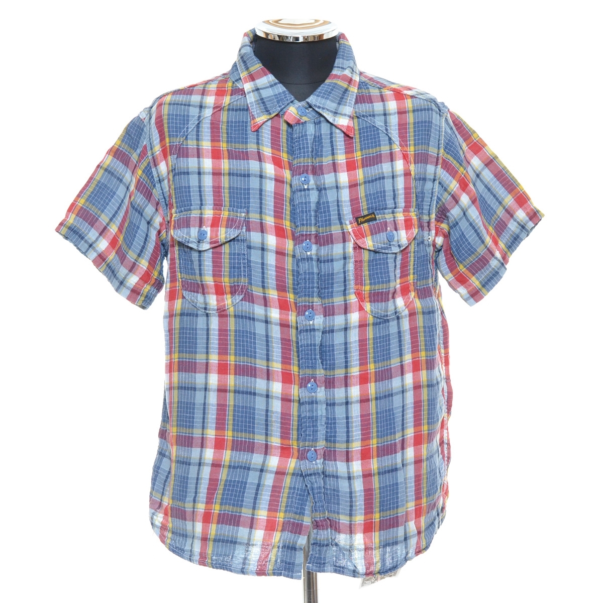 *460855 Pherrow\'s Fellows * gauze shirt work shirt size L cotton linen men's blue check 