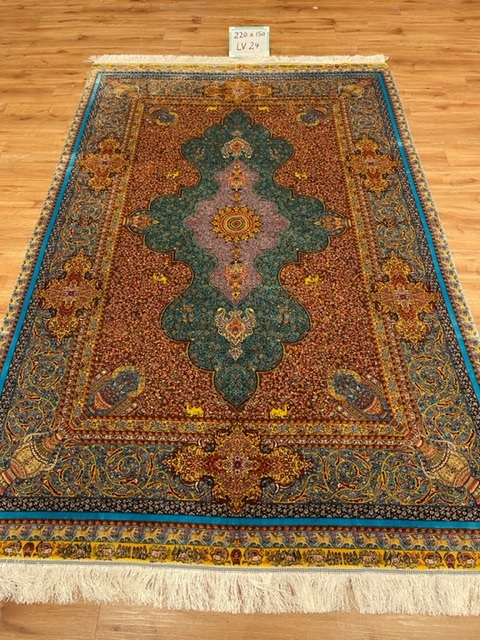 ペルシャ絨毯・最高級ハンド&マシン織り・ 世界最高密度150万ノット ・豪奢なクムデザイン 220cm×150cm lv24_画像1