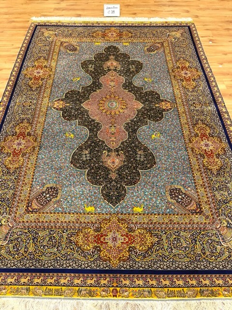 ペルシャ絨毯・最高級ハンド&マシン織り・ 世界最高密度150万ノット ・豪奢なクムデザイン 200cm×300cm c39_画像1