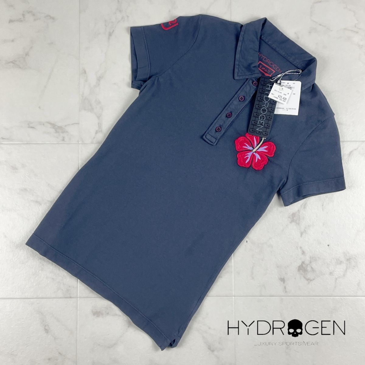 新品未使用 HYDROGEN ハイドロゲン ハイビスカス 刺繍 半袖ポロシャツ トップス レディース グレー サイズS*HC46