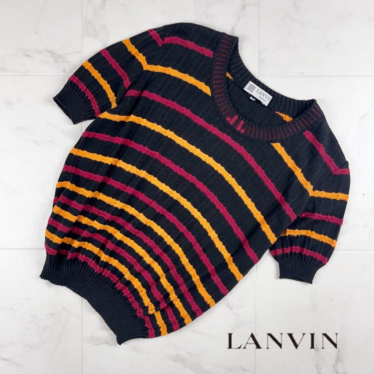 美品 LANVIN ランバン ボーダー 丸襟 サマーニット半袖カットソー