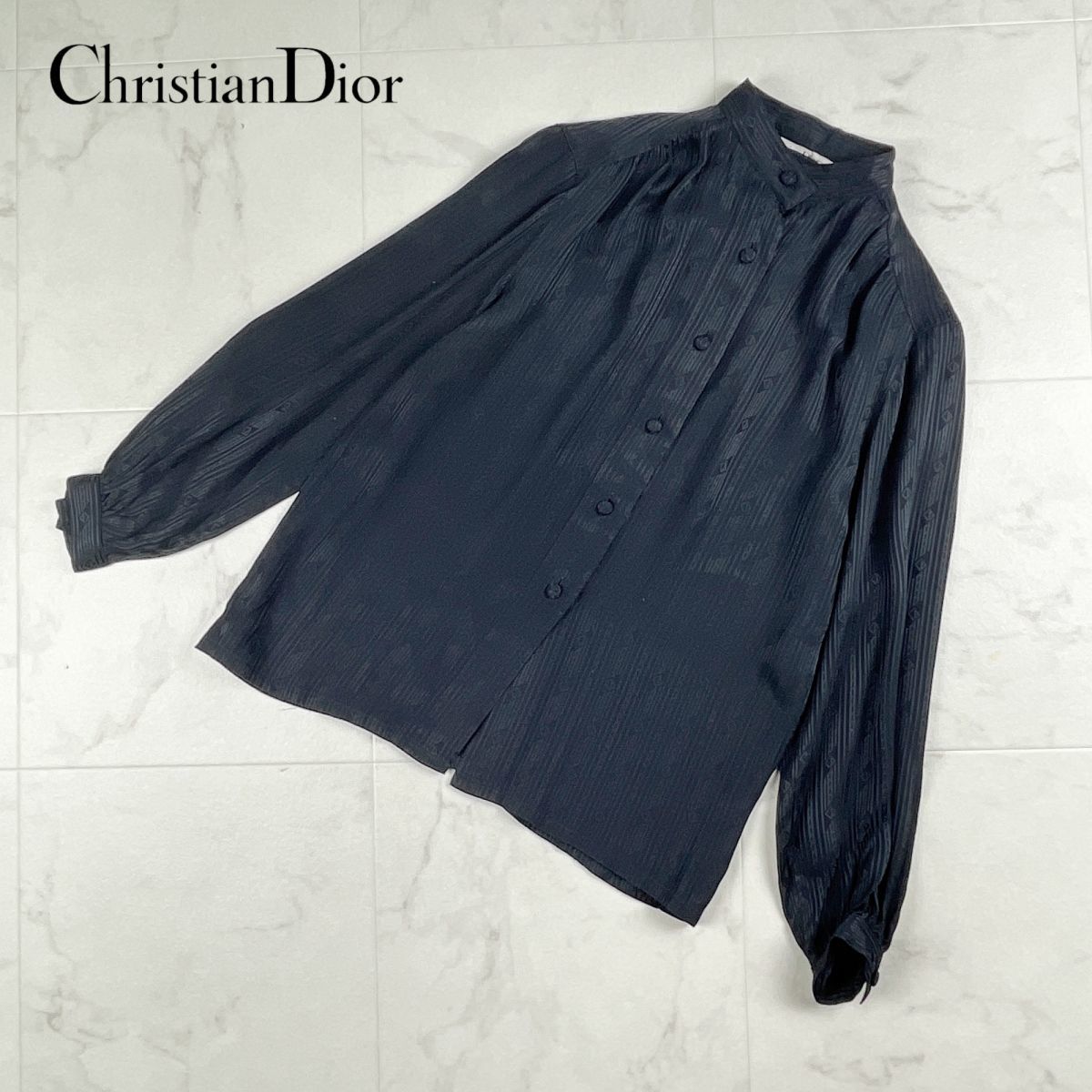 Christian Dior クリスチャン・ディオール シルク100% ステンカラーシャツ 長袖 トップス レディース 黒 ブラック サイズM*HC1237_画像1