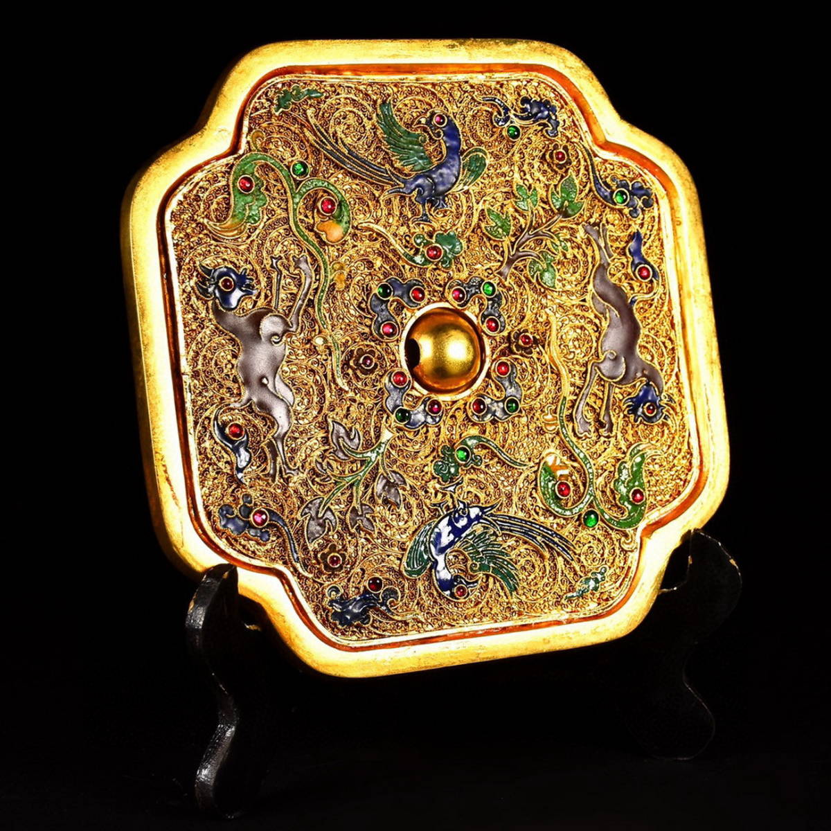 ◇明神◇極上珍品・中国・時代物・古銅金・嵌め玉松石花紋蓋盒・金水