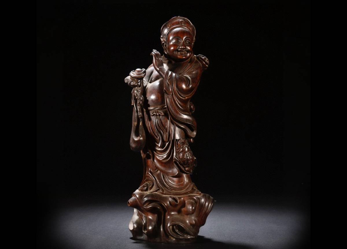 ◇明神◇極上珍品・中国・時代物・紫檀木彫・劉海戯金蟾立像・手彫り