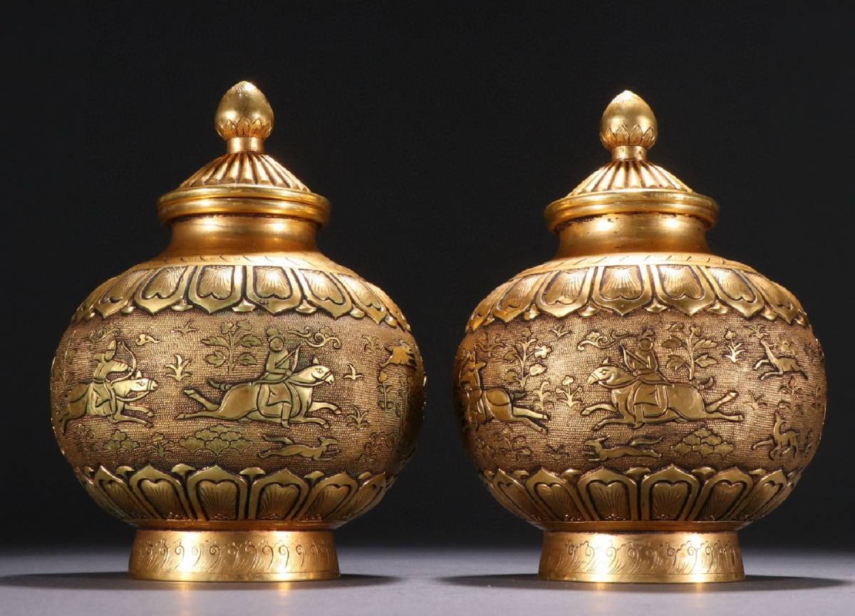 ◆明神◆極上珍品・中国・時代物・古銅金・塗金狩猟図罐・金水厚重・置物・中国古美術・古董品