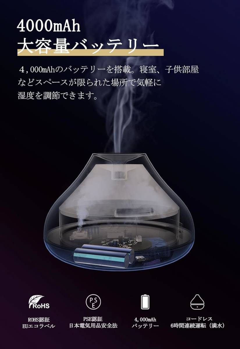 POKITTER 加湿器 卓上 アロマディフューザー 富士山のモデリング 小型 大容量 超音波式 おしゃれ 充電式 アロマ対応 28dB静音 6時間タイマ