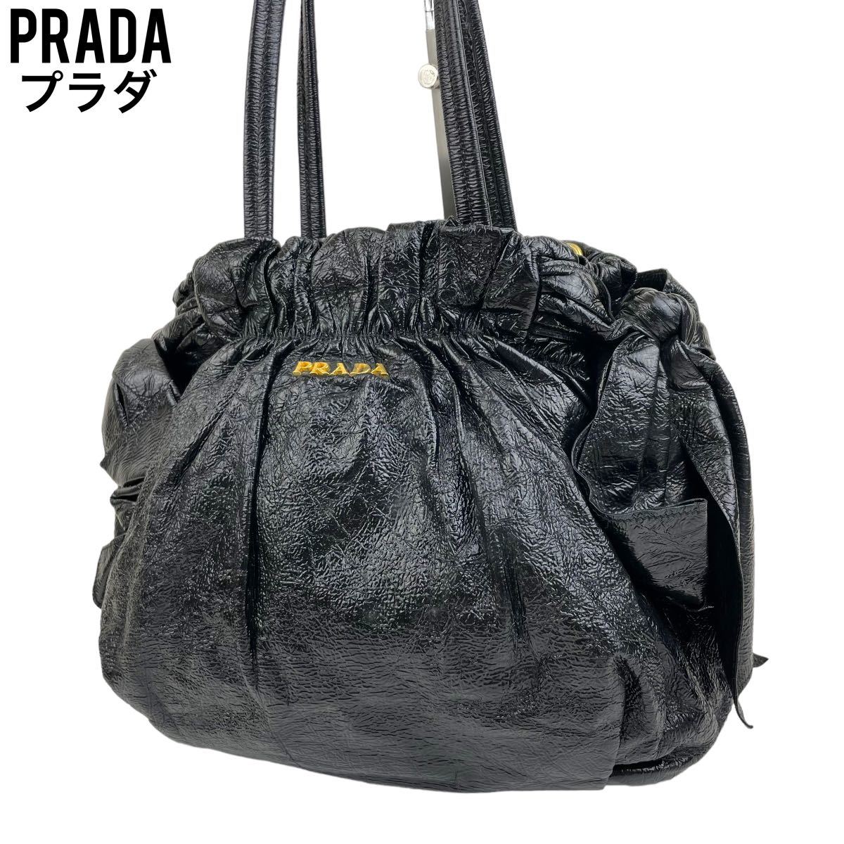 豪華で新しい 良品 PRADA プラダ ハンドバッグ ブラック パテント