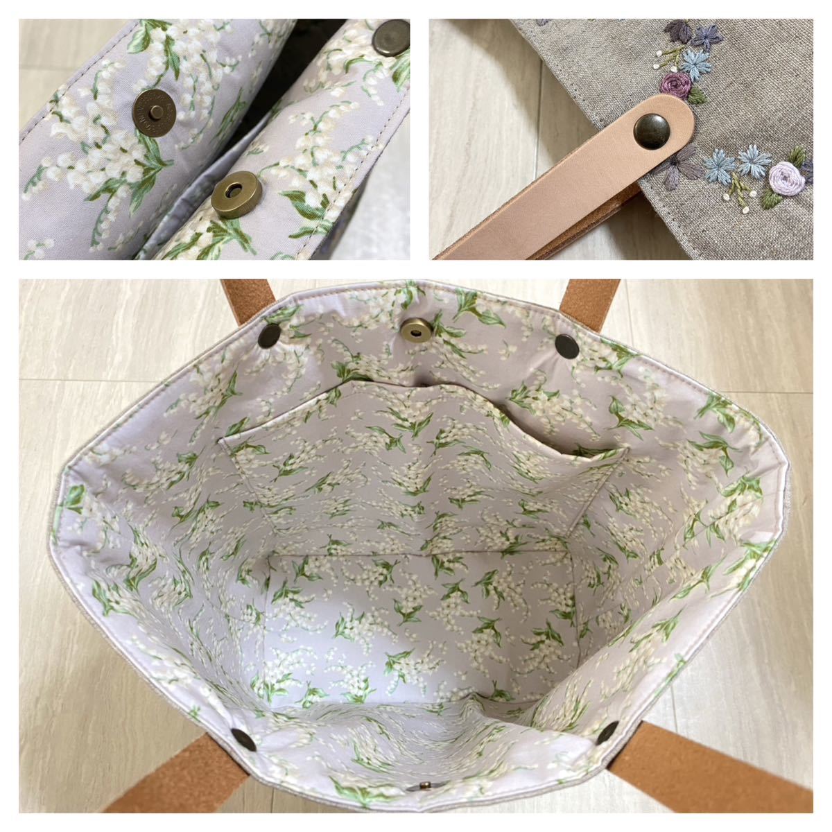 ハンドメイド＊リネン×手刺繍＊トートバッグ＊本革持ち手＊アネモネ＊パンジー＊刺繍＊花_画像5