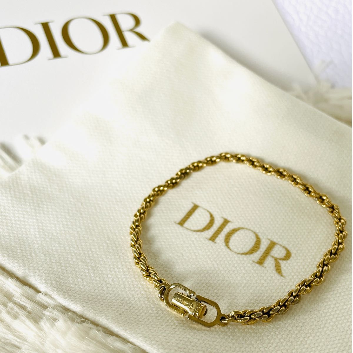 ★美品★Christian Dior クリスチャン・ディオール ブレスレット ヴィンテージ ゴールド ロゴ 刻印 CD 保存袋