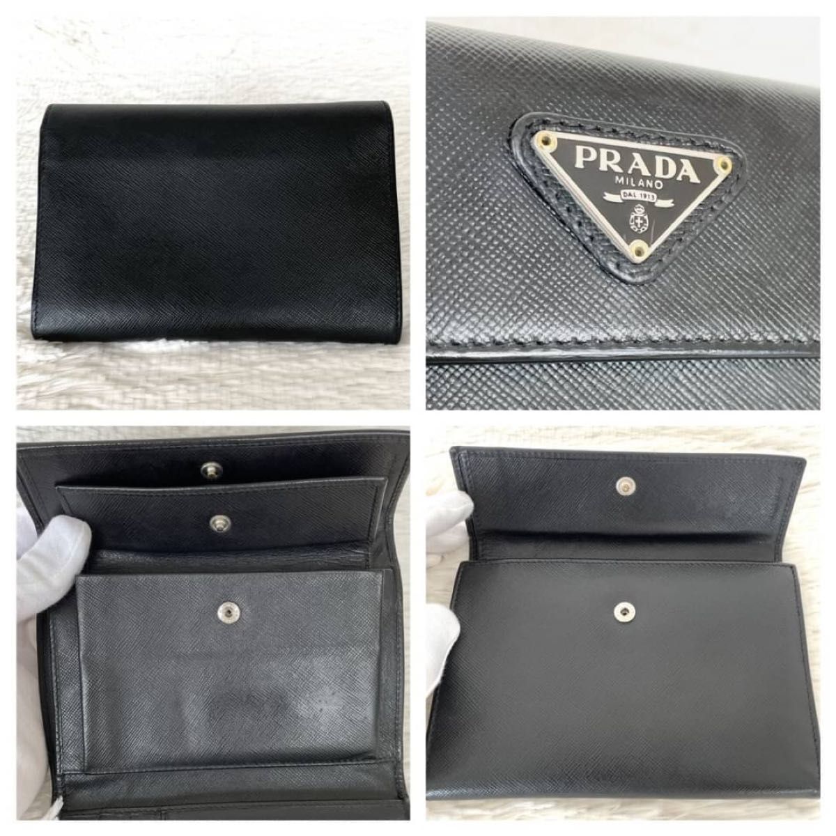 美品 プラダ PRADA 三つ折り財布 サフィアーノレザー 折り財布 三角