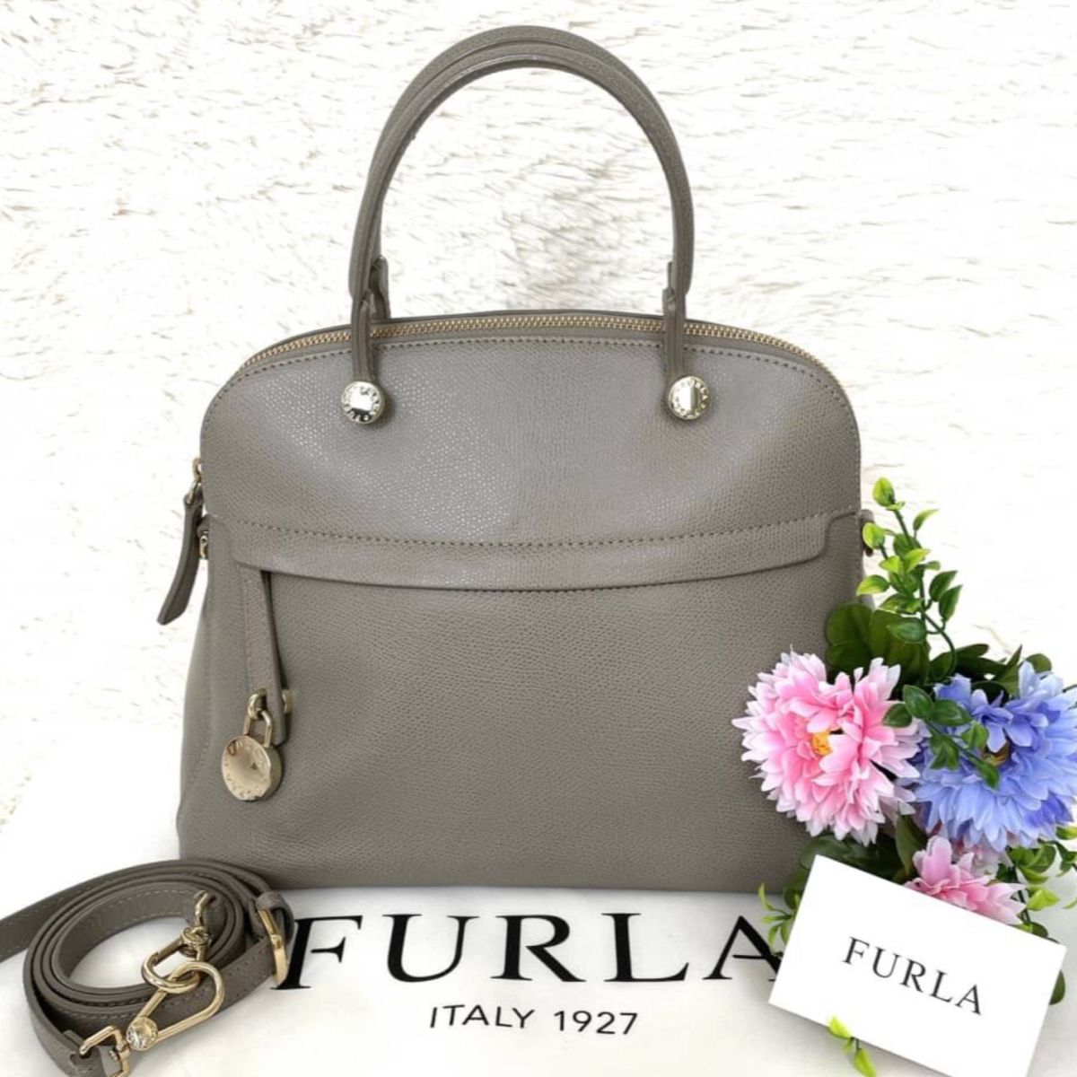 美品 FURLA フルラ パイパー ショルダーバッグ 2way グレージュ 南京錠