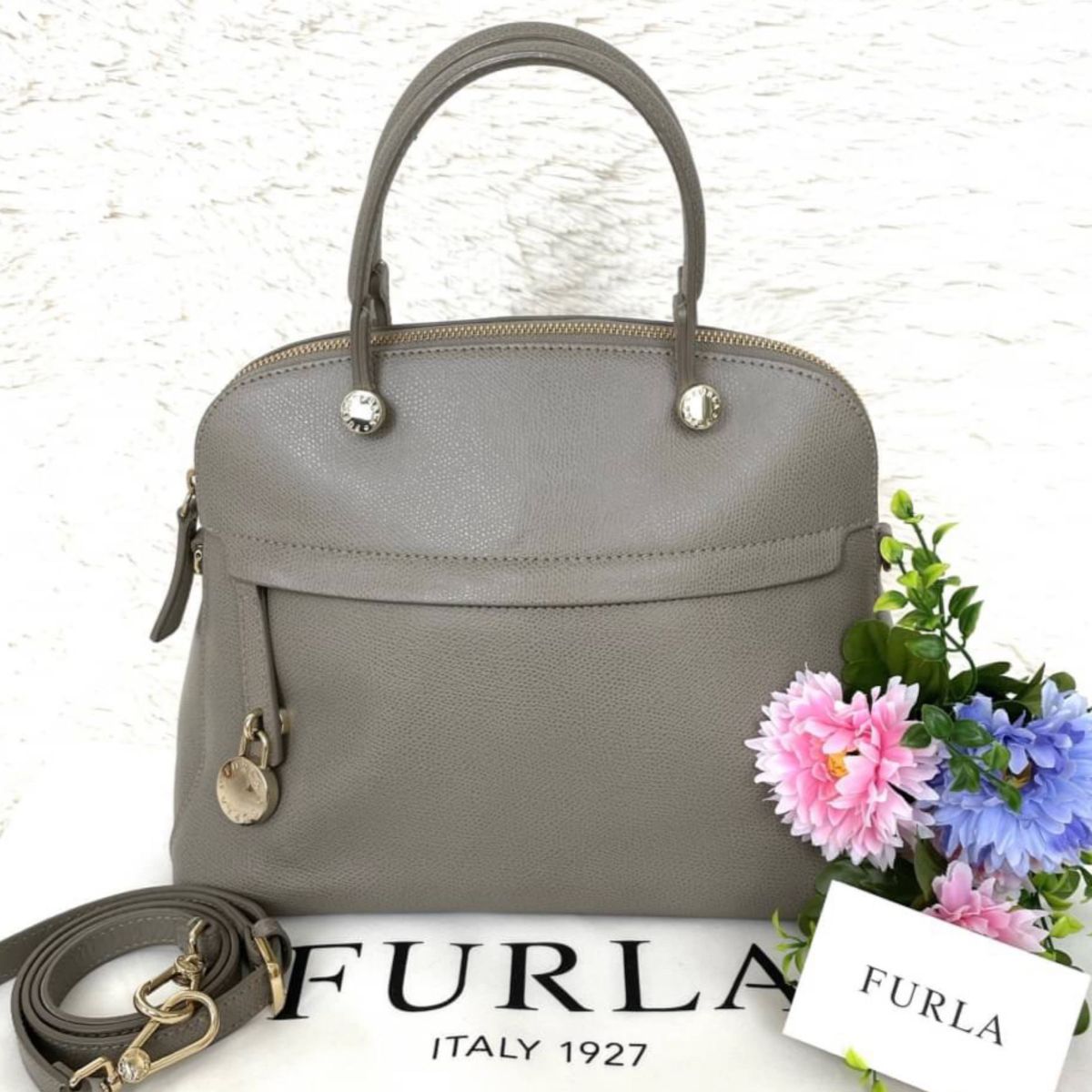 美品 FURLA PIPER フルラ パイパー 2way ショルダーバッグ グレージュ