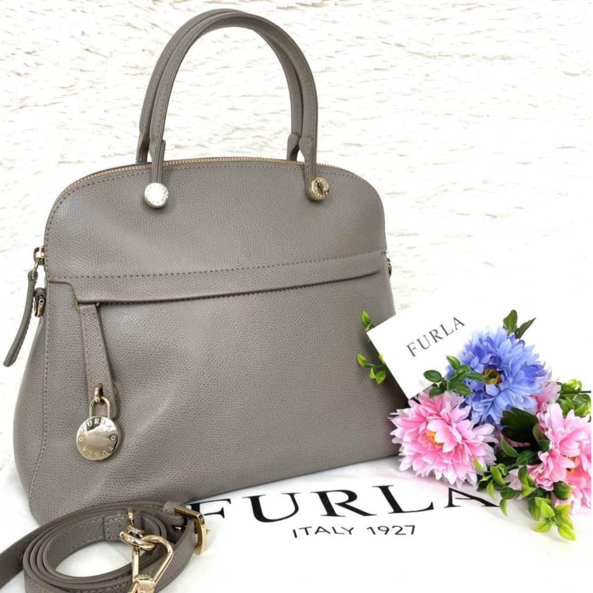 美品 FURLA PIPER フルラ パイパー 2way ショルダーバッグ グレージュ