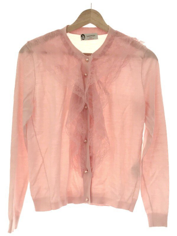 LANVIN ランバン レースコンビパールボタンニットカーディガン ピンク XS ITQ3AEL9GBO0
