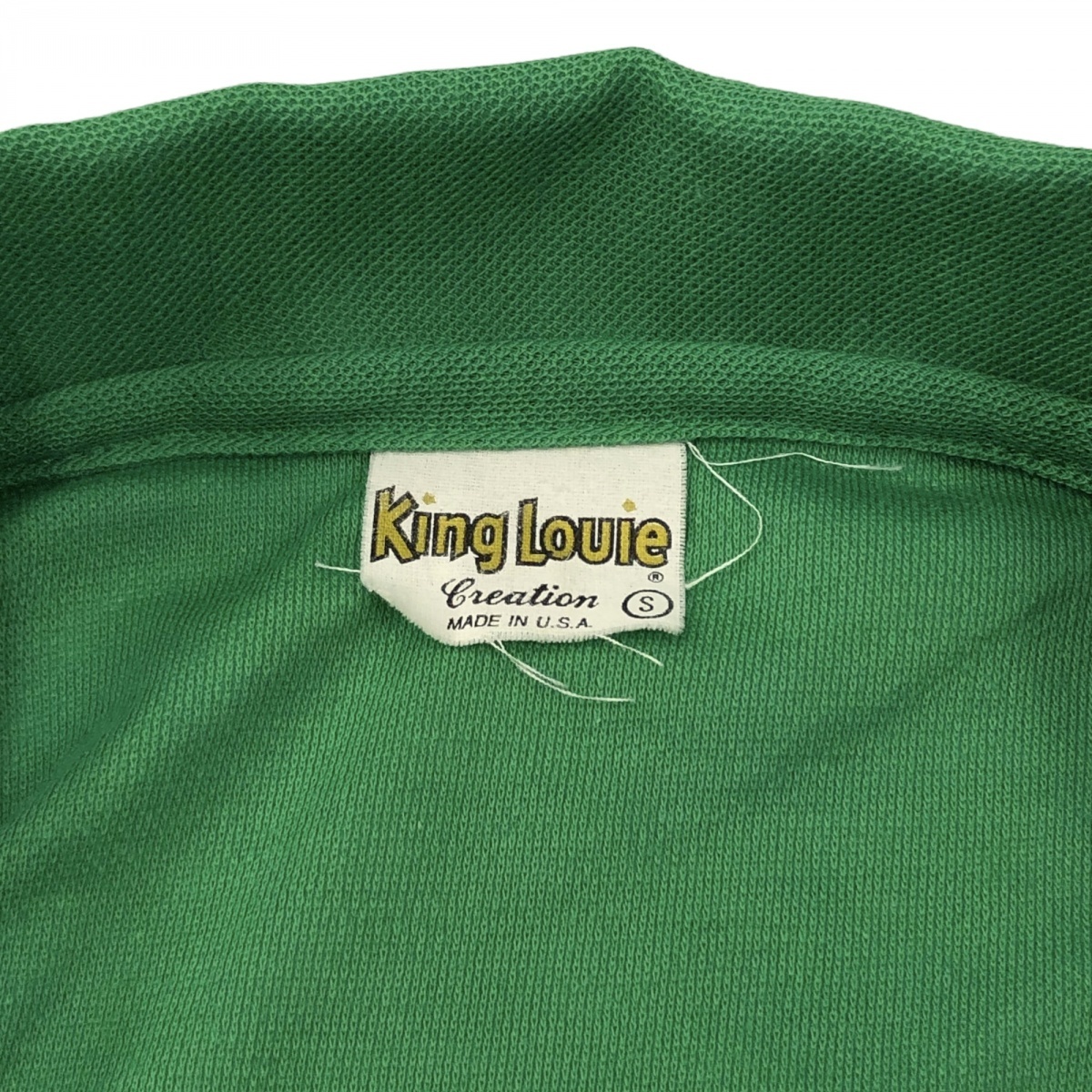 70s USA製 King Louie キングルイ 半袖 コットンポリ ポロ シャツ VINTAGE ヴィンテージ S/S 無地 シングルステッチ 3釦 S グリーン_画像4