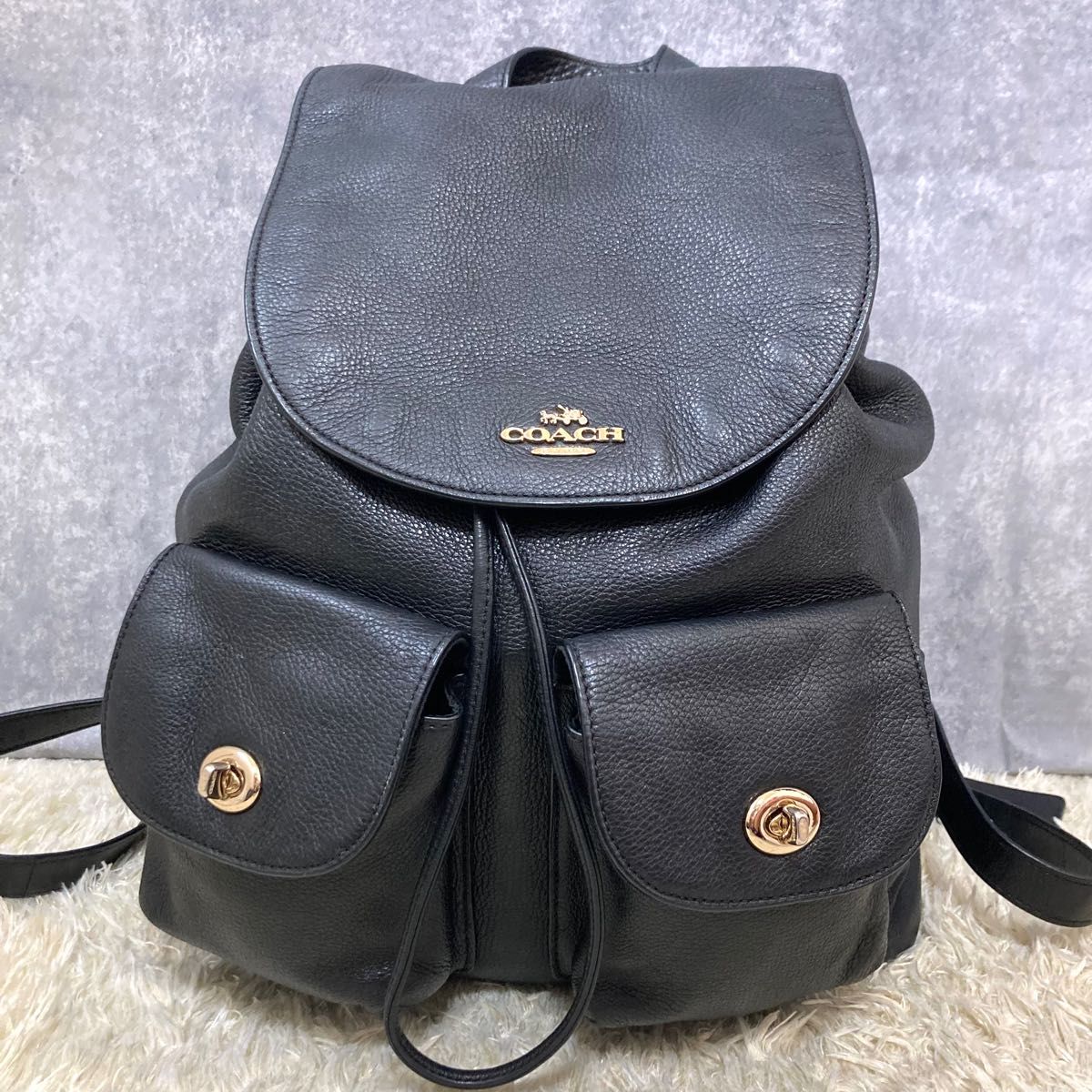 【美品】COACH コーチ リュック レザー 黒 ブラック ターンロック 巾着