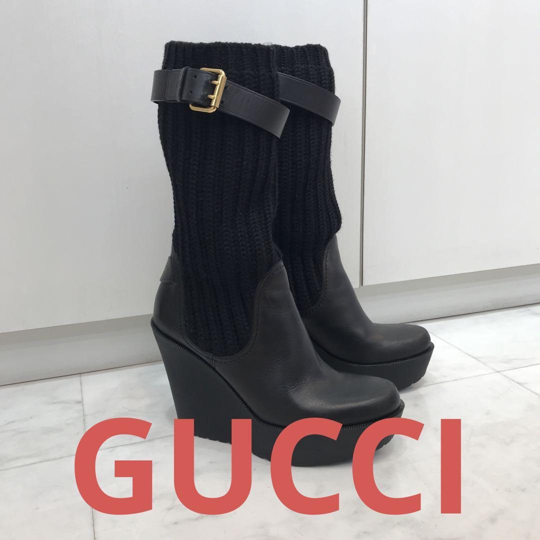 美品 GUCCI ロングブーツ ニット レザー切り替え ウェッジソール