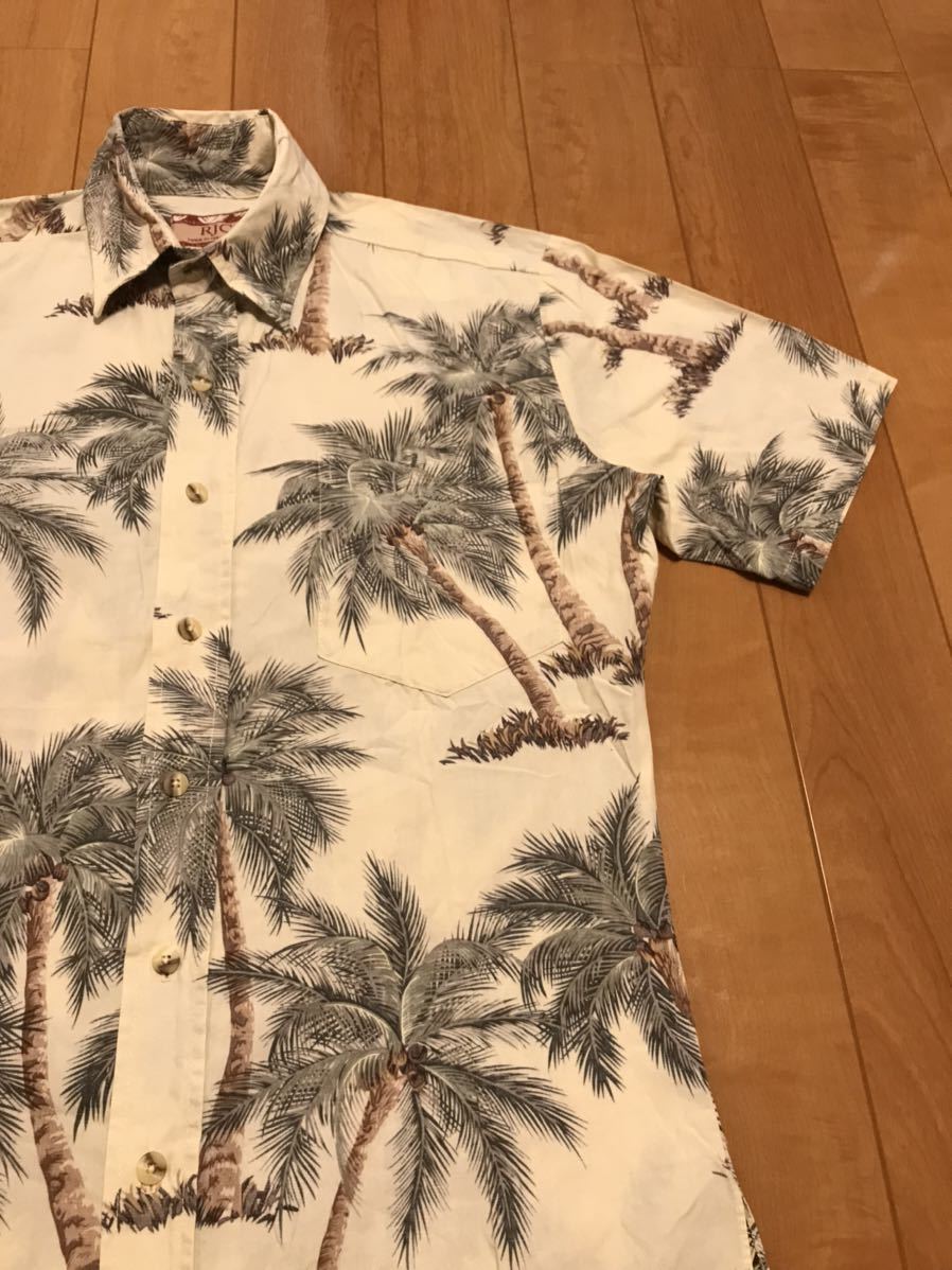 良品☆HAWAII.USA製／RJC サイズS大き目.日本M並 半袖シャツ型アロハシャツ　裏使い生地・パームツリー.椰子の木総柄 リバースプリント！_画像3