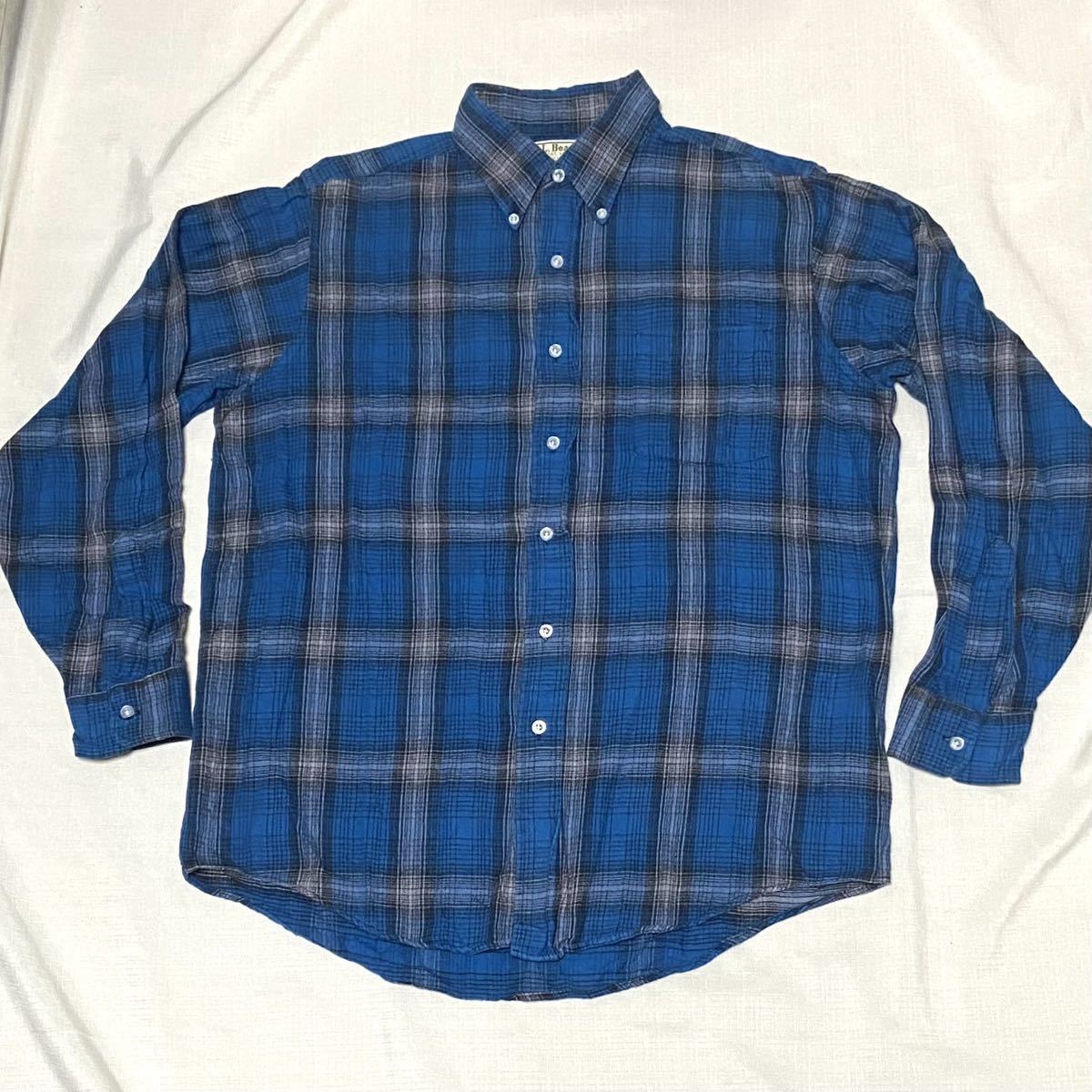 人気激安 ネルシャツ ライトネル ボタンダウン オンブレ シャドーチェック 青 黒 USA製 L.L.BEAN 80sビンテージ 美品 BDシャツ 古着 エルエルビーン 男性用
