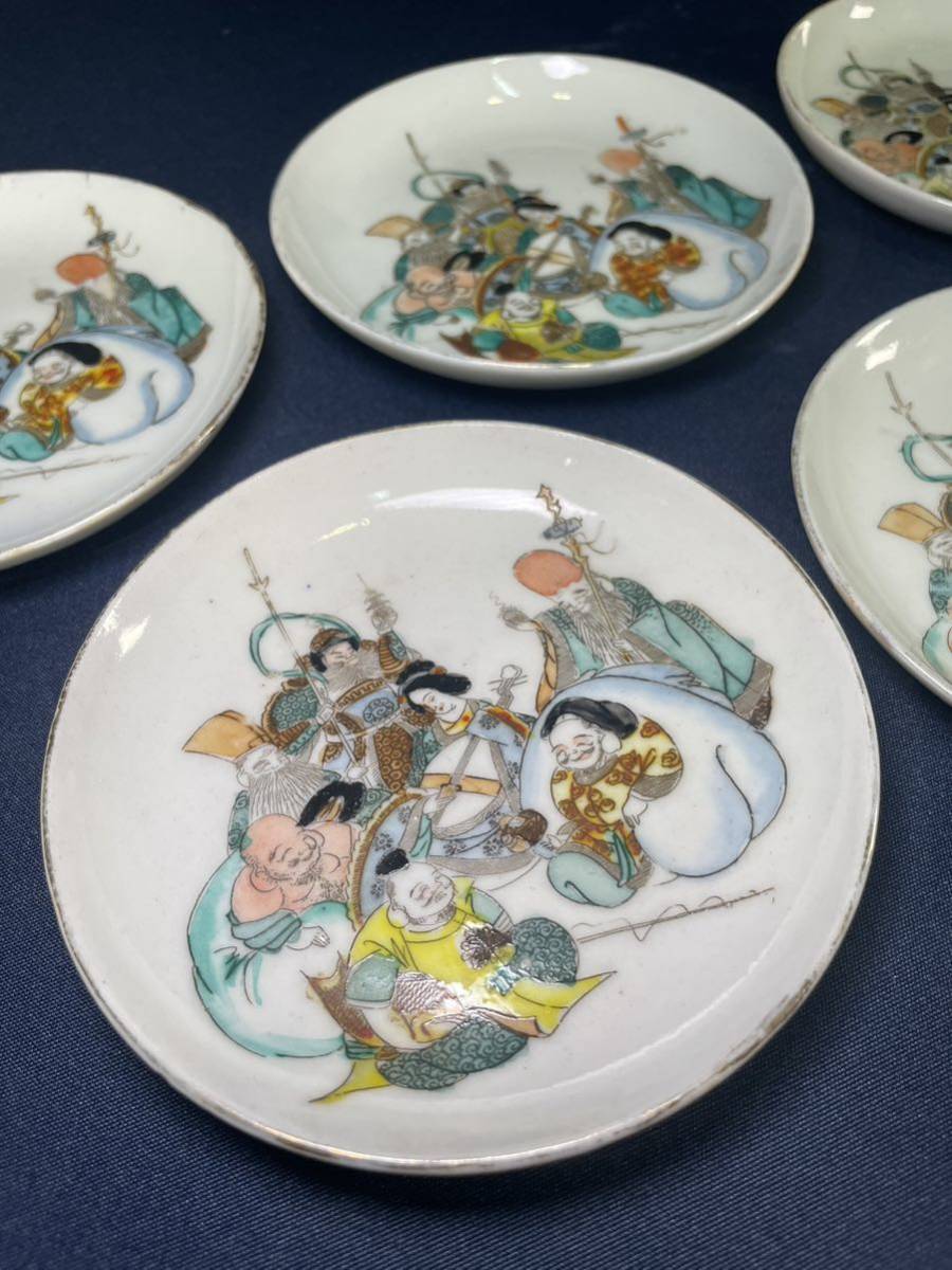 r84 Seven Deities of Good Luck legume plate small plate overglaze enamels .. plate old fine art antique era thing 