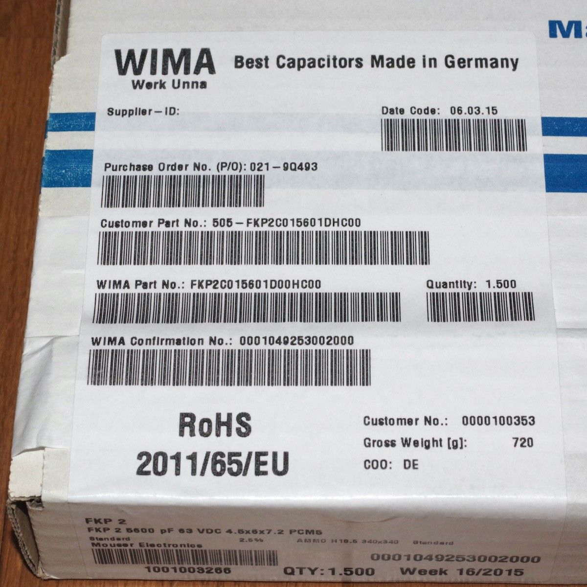 WIMA FKP2 5600pF ポリプロピレンフィルムコンデンサ 2.5% 1500個未開封