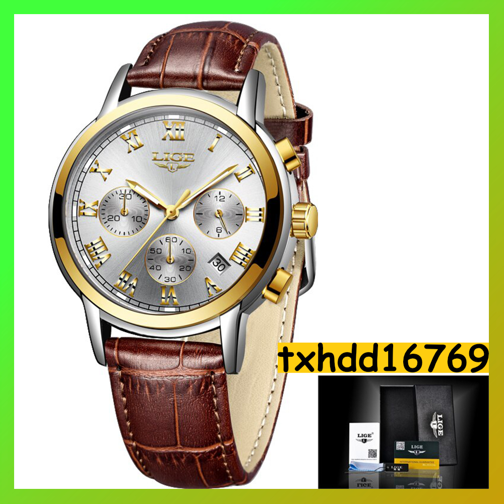新品 最安 海外大人気ブランドLIGE メンズ高品質腕時計 クロノグラフ 防水 耐衝撃 レザーバンド 紳士 ウォッチ クォーツ時計 R020_画像1
