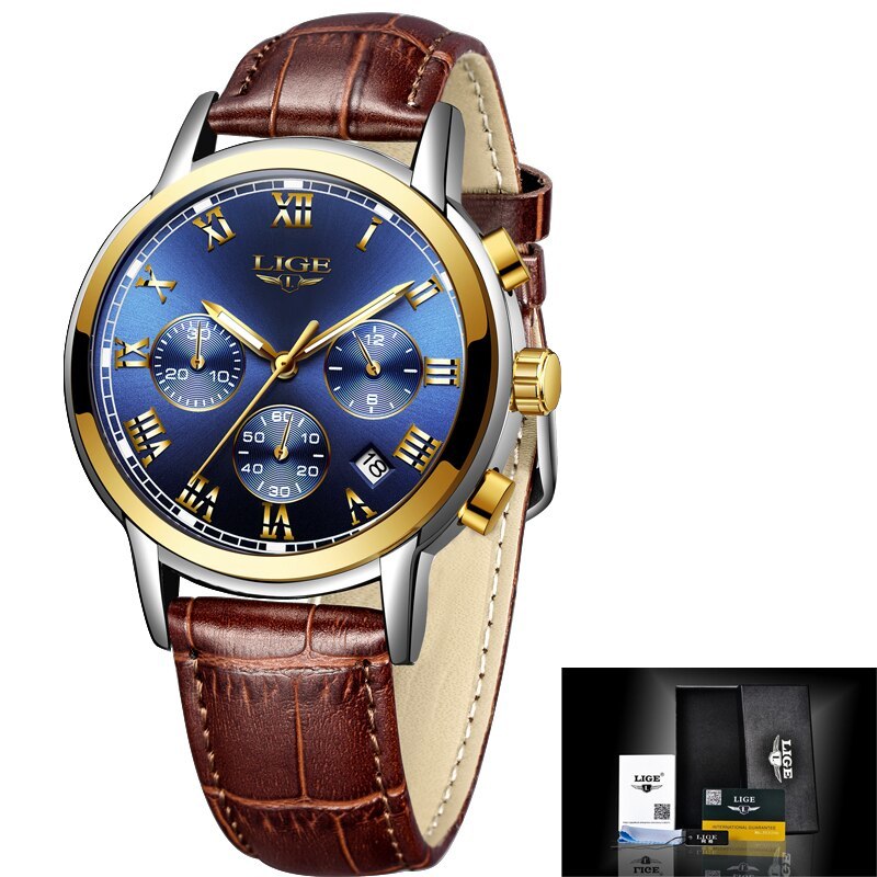 新品 最安 海外大人気ブランドLIGE メンズ高品質腕時計 クロノグラフ 防水 耐衝撃 レザーバンド 紳士 ウォッチ クォーツ時計 R020_画像2