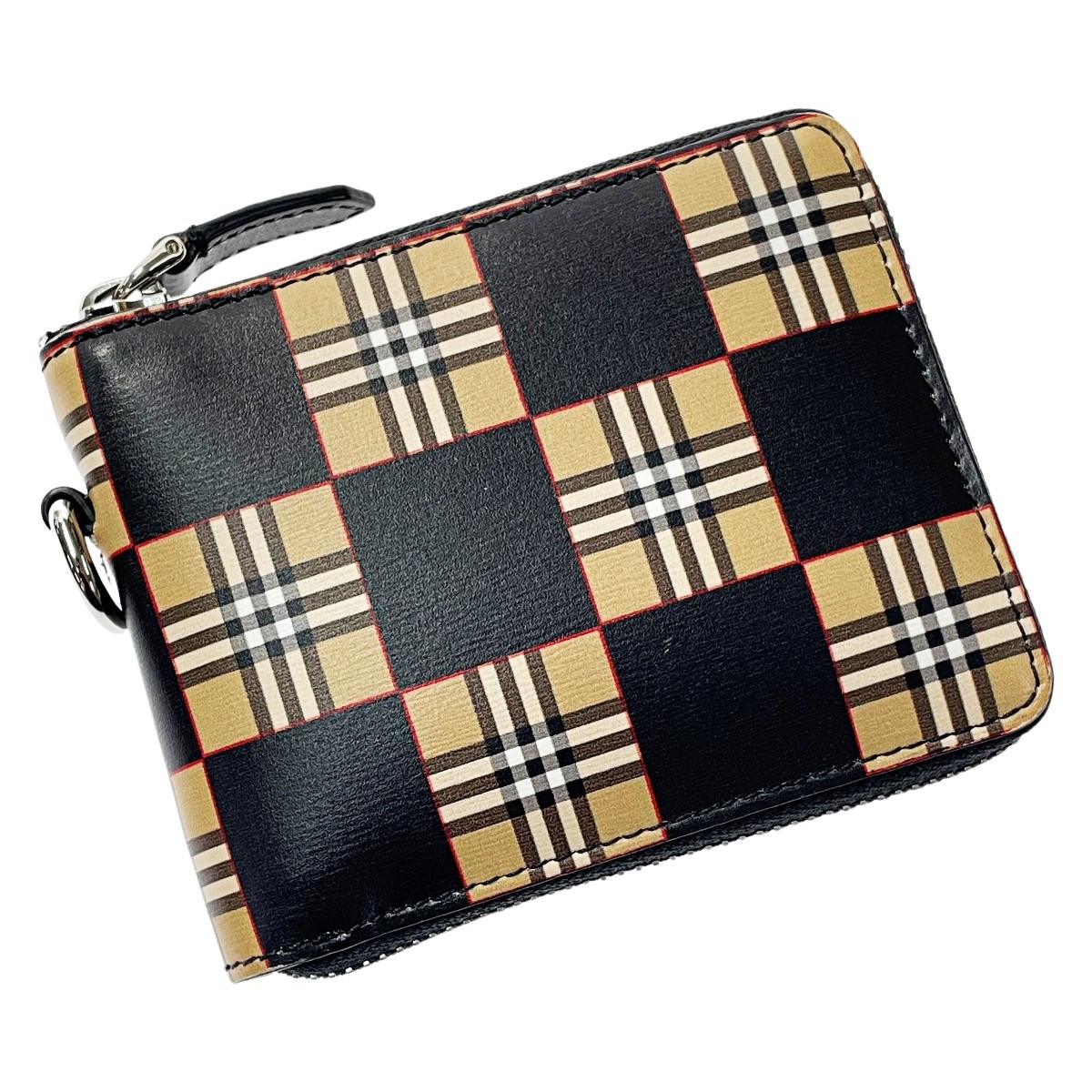 ☆☆ BURBERRY バーバリー ダニエルズ チェッカー 2つ折り財布 8030794 ベージュ×ブラック レザー メンズ 布袋有 やや傷や汚れあり_画像1