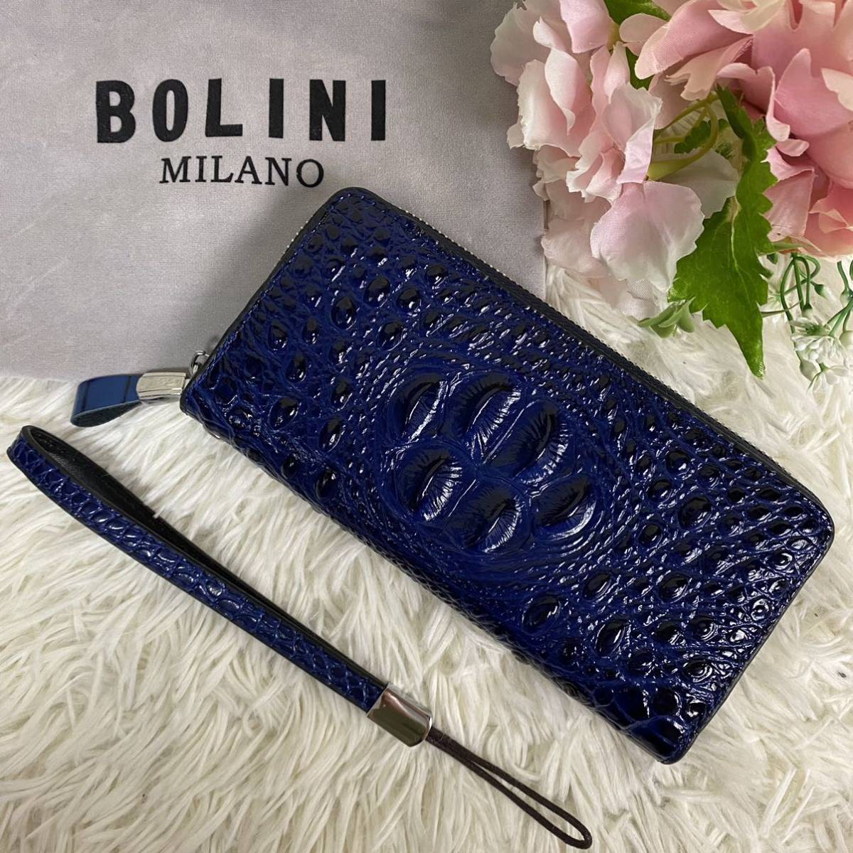 未使用】BOLINI ボリーニ 牛革 クロコ型押し ラウンドファスナー 長