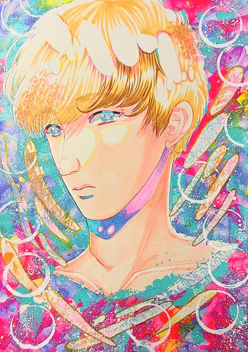 手描きイラスト　オリジナル　茶髪の男の子　A4_画像1