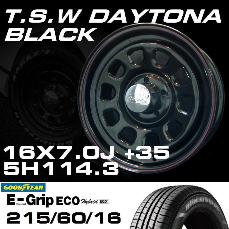 デイトナ 16インチ タイヤホイールセット 4本 TSW DAYTONA ブラック 16X7J+35 5穴114.3 GOODYEAR E-GRIP EG01 215/60R16_画像2