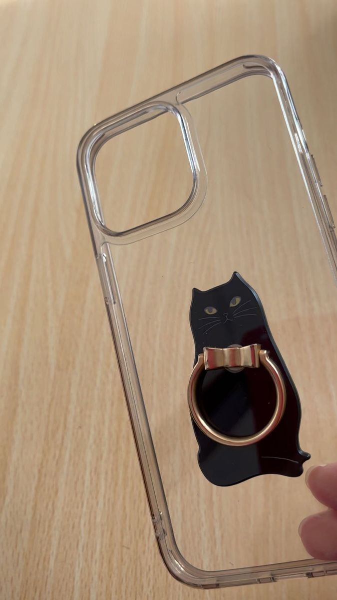 iPhone14Pro Maxケース　黒猫スマホリング　透明携帯ケース